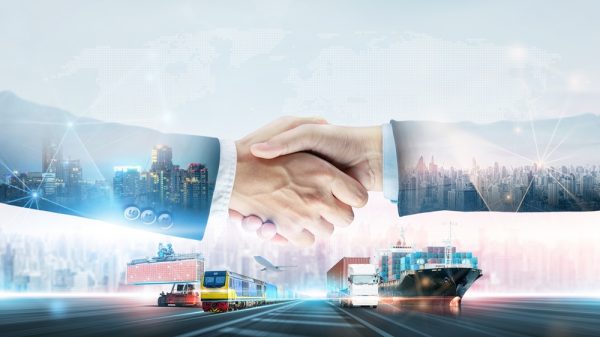 Logistics Transportation Teamwork Concept Double Exposure Of Handshake